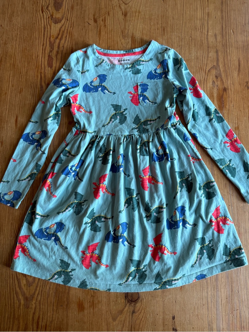 Mini Boden Girls' Light Blue Dragon Print Long-Sleeve Dress